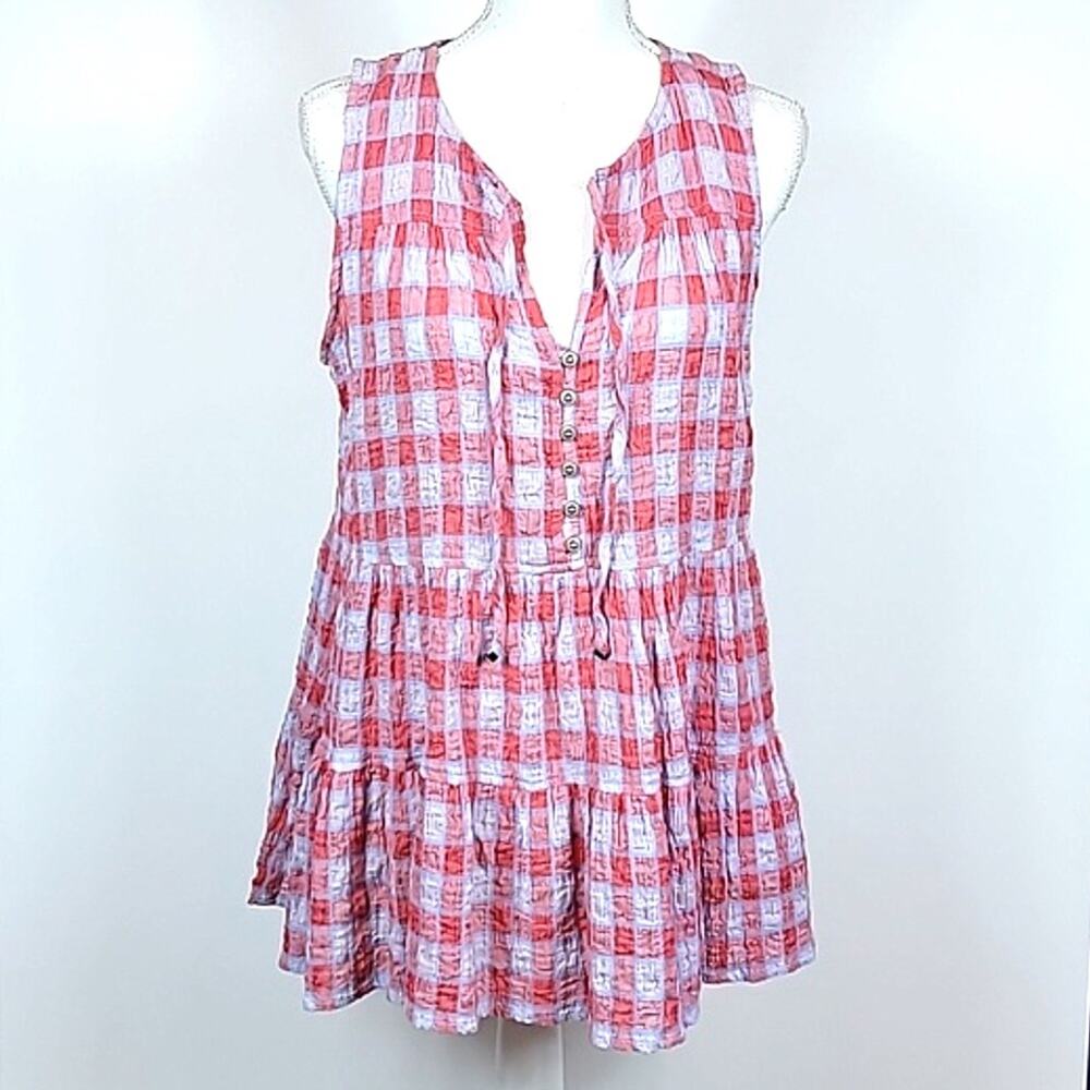 Anthro Pilcro & The Letterpress Pink Neve Tiered Gingham Top Tunic Blouse - M